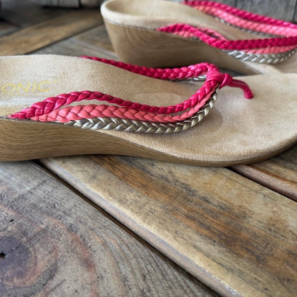 Vionic Ramba Orthaheel Tri Color Braided Strap Wedge Thong Sandals, Women’s 9